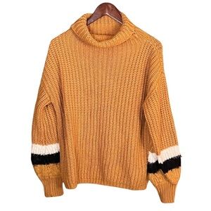 Women’s Alice Blue Golden Sweater - Medium, Loose Turtleneck with Striped Cuffs
